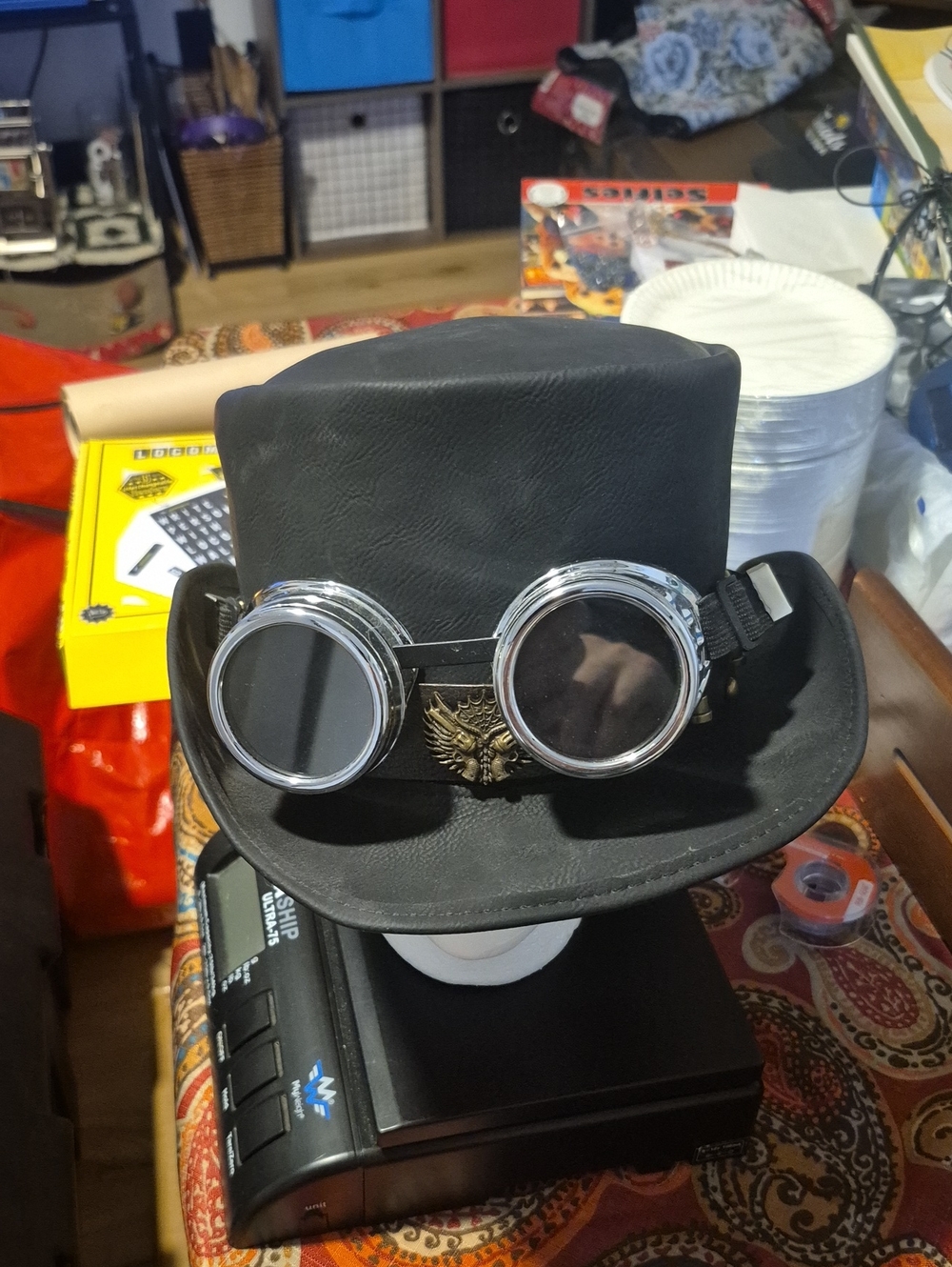 Black Steampunk Top Hat with Silver Goggles